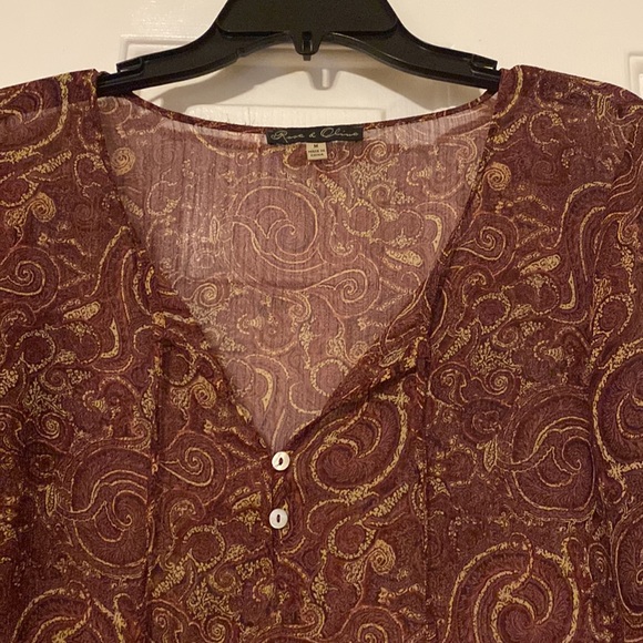ROSE & OLIVE burgundy and gold sheer long sleeve blouse - Picture 3 of 8
